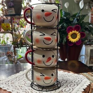 Holiday Time 4-Piece Snowman Face Stoneware Stacking Mug Set in Iron Rack NEW